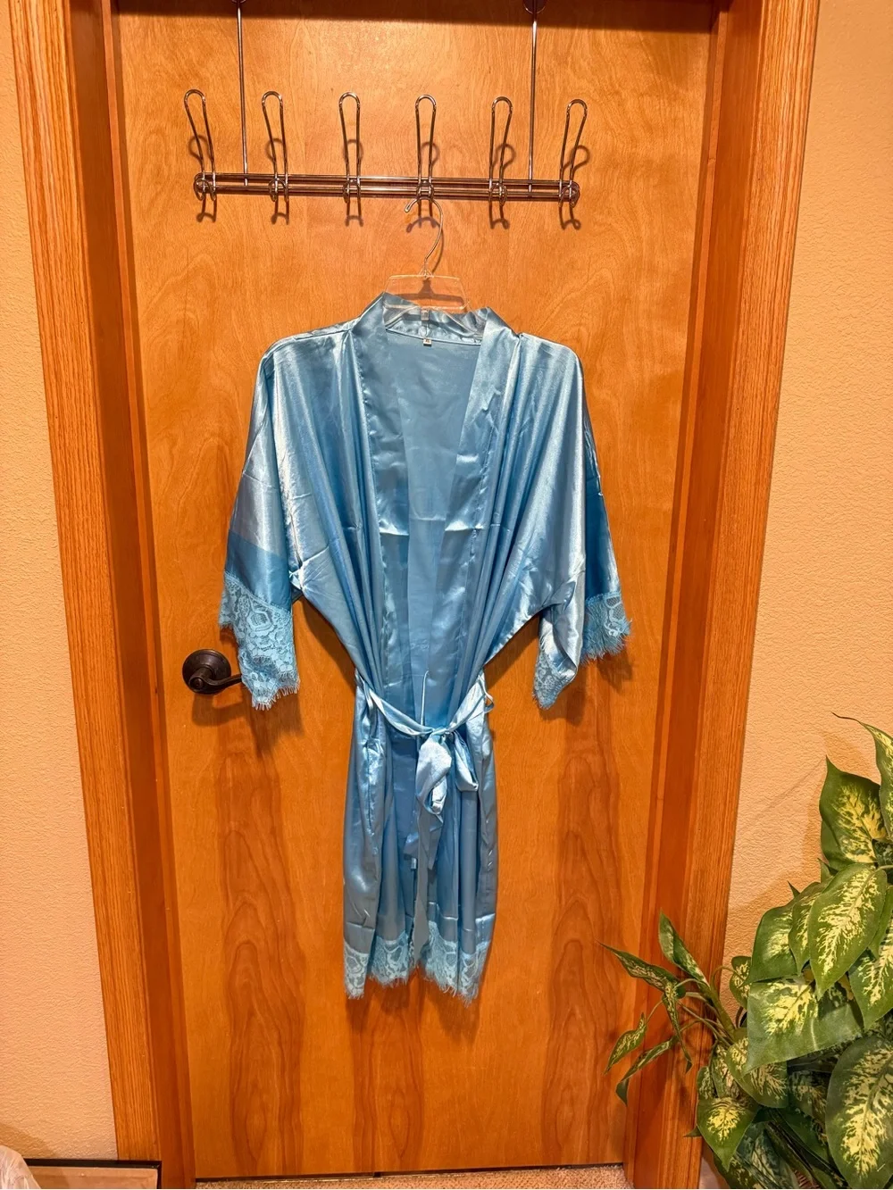 Satin Lace-Trim Robe — Light Blue